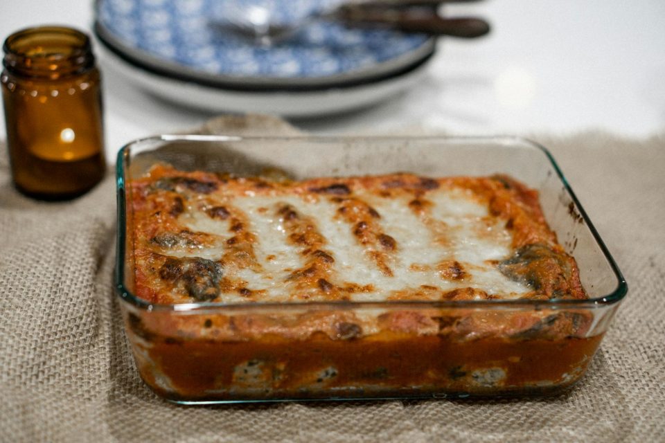 baked lasagna on a glass tray